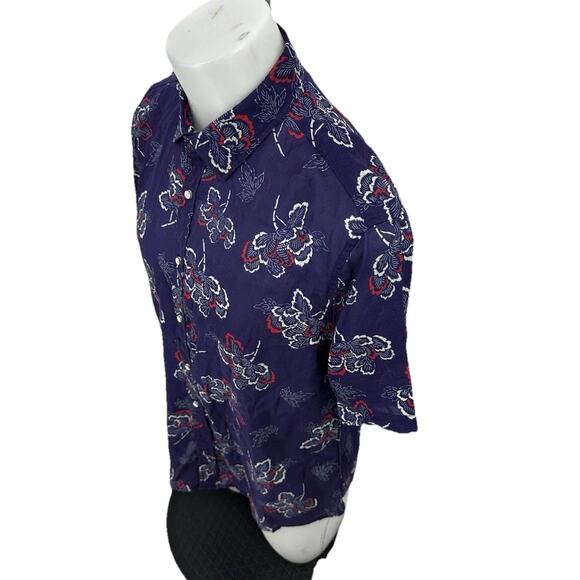 Postmarc Large Men Ink Blue Floral Tencel/Linen Short Sleeve Woven Shirt PR3 - Picture 2 of 9